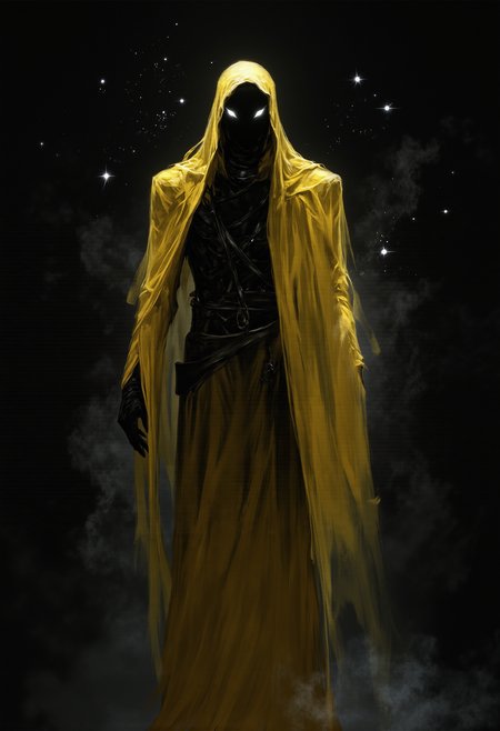 fg Create an artwork of the King in Yellow, a figure from the Cthulhu Mythos, also known as Hastur. Depict a mysterious and eerie atmosphere with a cloaked figure in long, yellow robes, the face obscured by a hood. The background should be dark and shadowy, with small floating lights adding to the otherworldly presence. The overall mood should be ominous and unsettling, capturing the essence of a cosmic horror entity. This dystopian, post-apocalyptic-style painting features a monochromatic scheme, primarily with shades of black, white, and yellow. Concept art, photobashing, digital art, digital painting, matte painting.