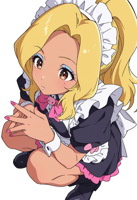 Smooth Quality,masterpiece,very intricate, high quality details, ultra realistic, high detailed skin,detailed enviorement,absurdres,
 <lora:Gotou_Shino_Shiipon_CNR:0.8> gotou_cnr, blonde hair,long hair, ponytail, brown eyes, dark-skinned female, mole, nail polish, eyeshadow,gotou_maid_cnr,maid, maid headdress, maid apron,black dress, short dress,puffy short sleeves, boots, frills,pink bowtie,, simple background, white background, sideways,solo,
crouching, hands together, foot forward, intense, ready,  ,, =^=,