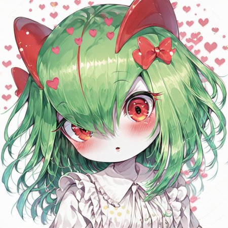 score_9, score_8_up, score_7_up, 1girl, solo, 
kirlia \(pokemon\), shiny kirlia, red eyes, white skin, (green hair:1.2), :o, parted lips, blush, looking at viewer, upper body, hearts, polka dot background,  white blouse, frills, cute dress.
