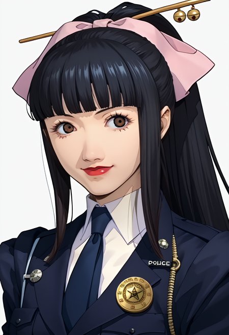 score_9, score_8_up, score_7_up, source_anime, p3reloadportraits, portrait, 1girl, agatha, black hair, long hair, brown eyes,  lipstick, ponytail, hair stick, hair bow, necktie, police uniform, smile, looking at viewer, white background <lora:Persona3ReloadPortraitsXL:1> <lora:Agatha3216PDXL:1>