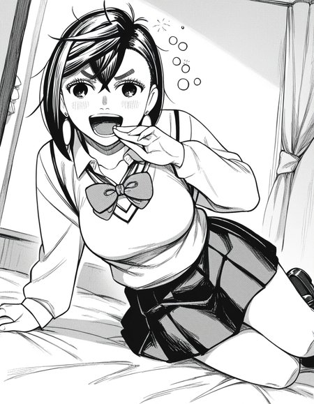 score_9, score_8_up, score_7_up, source_anime, <lora:momo-ayase-manga-ponyxl-lora-nochekaiser:1>, momo ayase, short hair, bangs, thick eyebrows, monochrome, greyscale, medium breasts,, skirt, school uniform, pleated skirt, shoes, socks, loafers, sweater vest, shirt, white shirt, collared shirt, earrings,, indoors, bed, bed room, on side, blush, drunk,, , <lora:ojou-sama-pose-ponyxl-lora-nochekaiser:1>, ojou-sama pose, laughing, smug, hand to own mouth, open mouth,, looking at viewer, solo,, dutch angle, cowboy shot