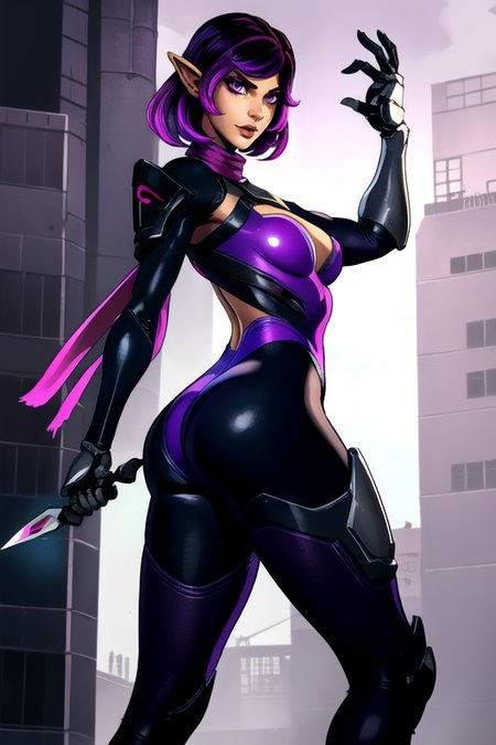 masterpiece,best quality,extreme detail,8k,image sharpness,<lora:skye:0.8>,skye2,1girl,solo,breasts,looking at viewer,short hair,black hair,gloves,holding,cleavage,medium breasts,purple eyes,purple hair,multicolored hair,pointy ears,sword,scarf,armor,leotard,lips,clothing cutout,bodysuit,gradient hair,elf,shoulder armor,mechanical arms,purple leotard,purple bodysuit,cyberpunk,showing the ass,