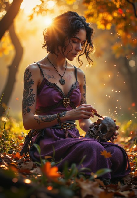 Semi realistic, stunning beautiful, masterpiece, raw quality, best quality, extremely detailed. Full body character portrait. The setting is a deep forest with a vibrant yellow-orange autumn background, illuminated by the warm glow of the setting sun. Sunlight streams through the colorful leaves, casting rays that dance around the witch, while floating particles create a sense of depth in the scene. backlight. The flickering light casts mesmerizing patterns on her elegant features, Sparks and glimmers on the foreground enhance the mystical atmosphere. 
The character is a stunning witch with fair skin, short wavy black hair, and light violet eyes. She wears a tattered purple dress adorned with mystical runes and a leather belt with bone talismans. Sitting on the grass, she carves runes into a skull with a gnarled knife, her focused yet serene expression reflecting her connection to ancient magic. Her black runic tattoos shimmer in the sunlight, adding to the enchanting aura surrounding her.
 <lora:ARTifacts:0.7> art1fact <lora:anhei_first_flux_lora_v1:0.65> anhei  <lora:aidmaBokeh:0.35> bokehmachine