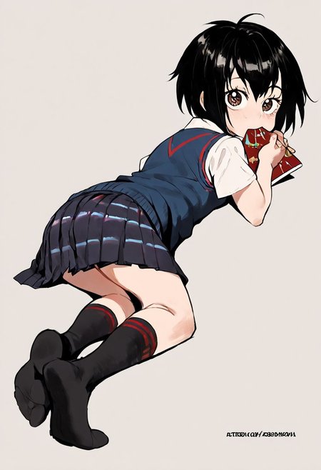 score_9_up, score_8_up, score_7_up, Score_6_up, Score_5_up, Score_4_up, source_anime, (masterpiece, perfectly detailed, detailed face, detailed eyes, beautiful eyes), (ultra HD quality details), 8K, extremely detailed, highres, Mevak_PS, peni parker, ass, black hair, black socks, brown eyes, eating, from behind, looking at viewer, looking back, lying, on stomach, pleated skirt, school uniform, short hair, simple background, skirt, socks, solo, sweater vest