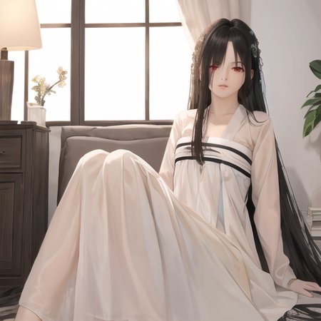 ((masterpiece)),(best quality), absurdres,sadako_yamamura,red eyes,white dress,<lora:Sadakobest:0.7>,  <lora:AKindOfAncientChinese_v02:0.4>,ruqun,