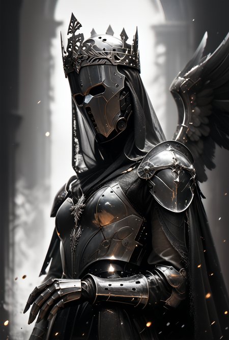 (score_9, score_8_up), score_7_up, 1girl, Highly detailed RAW color Photo, dress, crown, helmet, side view, holding, weapon, greyscale, indoors, cape, armor, helmet, shoulder armor, gauntlets, pauldrons, mask, dark, hood, full armor, helm, wings, covered eyes, feathered wings, simple background, grey background, gorgeous details, depth perception, backlighting, photorealistic, robot, helm, breathtaking scenery, shiny metallic texture, perfectly rendered reflections,
dark lighting, dof, depth of field, realistic, dark background, CINE, embers,
<lora:unholy-000009:0.8> <lora:CINE-000008:0.4><lora:- SDXL - vanta-black_contrast_V3.0:0.7>
<lora:sinfully_stylish_SDKL:0.5>  <lora:GwentStyle_v2:0.4>  <lora:xl_more_art-full_v1:0.4>