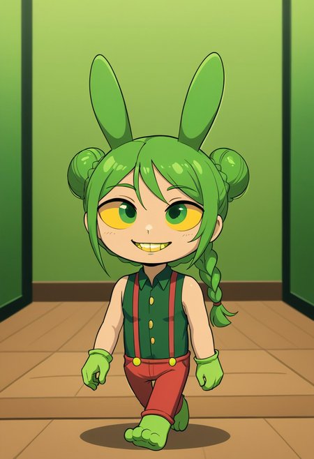 JaxTADC, solo, gloves, 1boy, animal ears, walking, upper body, portrait, toes, animal ears, rabbit ears, suspenders, chibi, male focus, human:1.9, hot green vest, pants, hot green gloves, yellow sclera, colored sclera, Hot green eyes, yellow teeth, rabbit feet, Hot green cornea, Hot green braid around bun head, bedroom