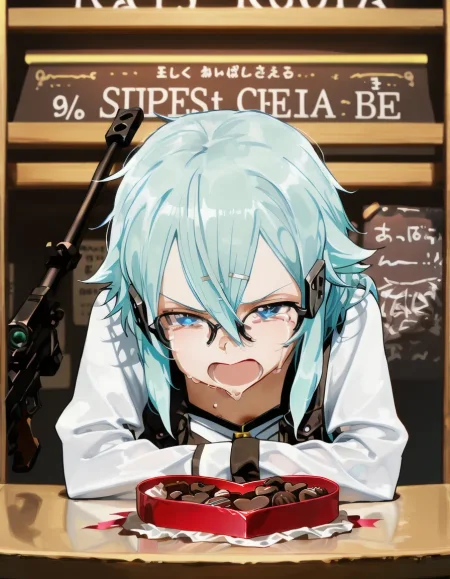highres, best quality, masterpiece, masterpiece, best quality, amazing quality,1girl, bar, \(sad:1.3\),streaming tears,  \(crying:1.3\), leaning on table, heart-shaped chocolate,screaming, Sinon, Light blue hair, Long, flowing hair, Pale skin, Blue eyes, Slender build, Thin eyebrows, Sniper rifle, Tactical gear, Eyeglasses, Tomboyish style, Sinon