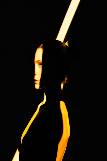 1girl,spotlight,silhouette,looking at viewer,cowboy shot,hair bun,gallus,simple background,yellow background,dark theme,<lora:spotlight:0.6>,