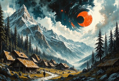 A mountain village, grass roofs, tall trees, figures walking from place to place. Tall mountain peaks frame the horizon. The sun is dark in an eclipse and hangs in the sky. Epic clouds frame the sky and give an ominous feeling to the scene. A red moon. Dramatic lighting on the features of the landscape. G0thicL1nes