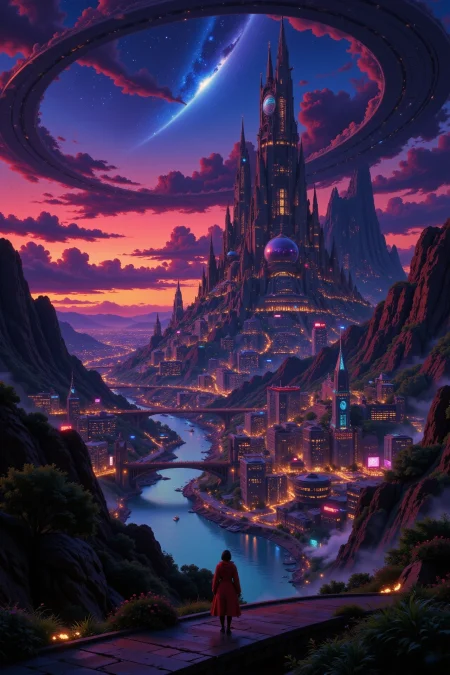 a futuristic sci-fi fantastic cyberpunk city beautiful  landscape, dusk, woman, very intricate, very detailed, sharp, bright, colorful, <lora:Hand v2:0.5> <lora:Anti-Blur:1><lora:Insane Detail Slider:0.25>  <lora:flux.1_lora_flyway_Epic-detail_v2:0.3> <lora:fluxenhancer:0.25> <lora:Anime_style:0.6> anime style