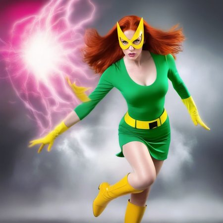 HDR photo of a full body redhead woman wears a green dress and a yellow mask and yellow highboots, powerfull superhero, casting a powerfull spell, dramatic pink ball energy from hands  <lora:MarvelGirl1024:0.8> . High dynamic range, vivid, rich details, clear shadows and highlights, realistic, intense, enhanced contrast, highly detailed