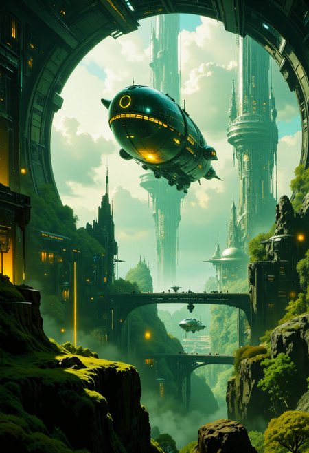 In a sprawling aetherpunk cityscape, towering spires of gleaming metal and glowing energy merge with organic elements like shimmering vines and moss-covered ruins. A mesmerizing airship, adorned with intricate gears and steam vents, hovers in the sky above. This enchanting painting captures the fusion of futuristic technology and natural elements in the aetherpunk genre, with impeccable attention to detail and vibrant colors that bring the scene to life in unparalleled quality.  <lora:artilands_v02:1>