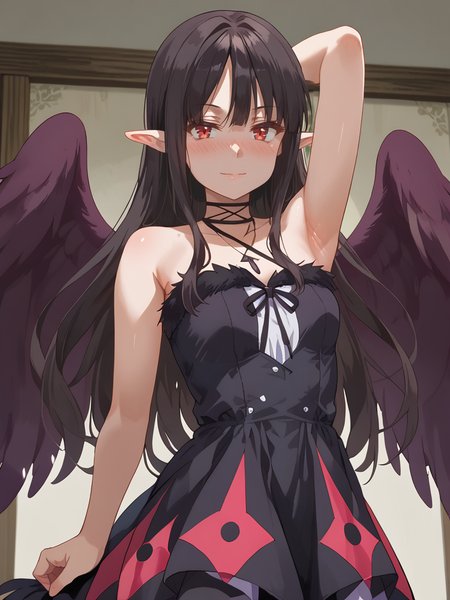 score_9, score_8_up, score_7_up, score_6_up, score_5_up, score_4_up, source_anime,cinematic shadow, detailed hands,character focus, detailed skins, perfect curvy small breasts, body blush,<lora:StS_PonyXL_Detail_Slider_v1.4_iteration_3:3>, high resolution, ultra detailed,8K,16K,32k,64k,128k,256k,ultra-detailed,best quality,  <lora:zPDXLxxx+:1> zPDXLxxx, <lora:zPDXLpg+:1> zPDXLpg,<lora:Eve_Reese:1>,evereese, bangs, black hair,very long hair, pointy ears, red eyes,evereesedress, bare shoulders, collarbone,feathered wings, black wings, sleeveless, black dress, black ribbon, halterneck,criss-cross halter, bandages,jewelry, necklace, <lora:StS_age_slider_v1_initial_release:-0.5>,collarbone,(begging:1.3), body blush,standing, collarbone,  arm up, armpit, perfect armpit, armpit focus,looking at viewer, light smile,leaning back,standing, <lora:w1ngsXLP:0.7> w1ngs,black angel wings, presenting body, sidelocks, closed mouth,