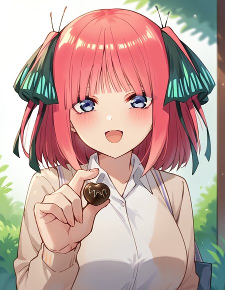 score_9, score_8_up, score_7_up, source_anime, <lora:nnakano-s2-ponyxl-lora-nochekaiser:1>, short hair, bangs, blue eyes, hair ornament, hair ribbon, pink hair, blunt bangs, two side up, butterfly hair ornament, large breasts,, <lora:incoming-chocolate-ponyxl-lora-nochekaiser:1> incoming food, chocolate, holding, holding chocolate, holding food, food, looking at viewer, open mouth, blush, smile, school uniform,, ,