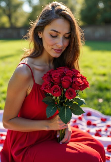 valentine's day, a woman, picnic, smelling a bouquet of roses, sunny, wearing a red sundress, rose petals