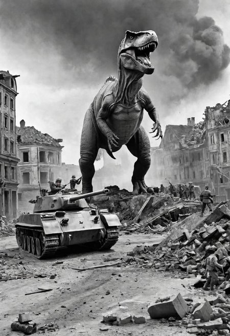 Black and white photo of german soldiers in ww2 in a destroyed city attacking a t-rex dinasaur with several tanks
