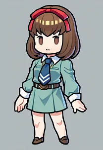 score_9, score_8_up, score_7_up, source_anime BREAK 1girl, solo,
 <lora:Feh-Sprites-pdxl_Fp:1> simple background, chibi, full body
 <lora:zs_MakiXL:1> makip1, brown hair, medium hair, brown eyes, hair ribbon, dress, white collar, blue tie, belt, necklace