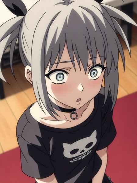 <lora:happy_tentacle-oboro-v0.3-000020:0.9>, ht_oboro, grey hair, , cowboy shot, 1girl, solo focus, (petite:1.2),(surprised, wide-eyed:1), indoors, goth fashion, black clothes, eyeliner, layered clothes, choker , sidelighting, depth of field, from above, score_9, score_8_up, score_7_up, score_6_up, score_5_up, score_4_up,