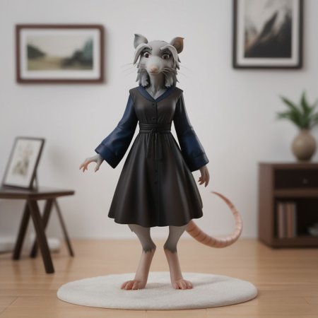 score_9, score_8_up, score_7_up, score_6_up, score_5_up, score_4_up, source_furry, Splinter03v2, semi-anthro, female, rat, grey fur, brown eyes, rat tail, , inside, full body,  black dress, blue sleeves