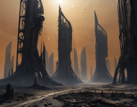 The skeletal remains of skyscrapers, stripped bare by relentless winds and scorching suns, cast long shadows over the alien sands, each fragment telling a story of a world that dared to dream big in the void between stars, b3ks1n