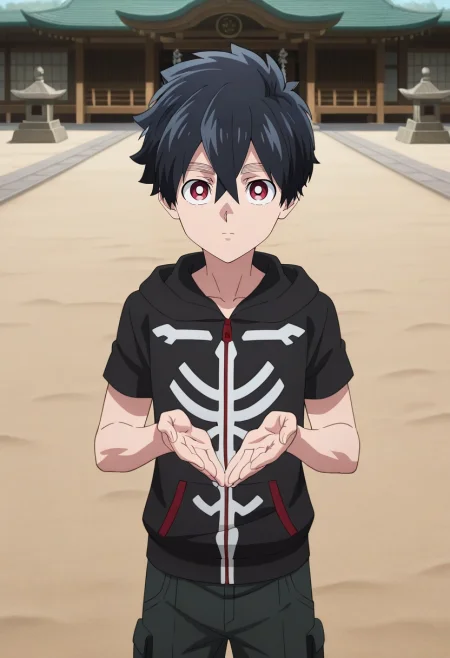 masterpiece, best quality, , anime screencap, anime coloring, official style, looking at viewer, 1boy, solo, male focus, <lora:kabane_kusaka_ilxl:0.94>, kabane_kusaka, black hair, red eyes, short hair, hair between eyes, kusaka kabane, hoodie, zen temple, sand gardens, stone courts, meditation halls, peaceful pose, tranquil expression, dawn, Convertible cargo pants, Cardigan, , , and