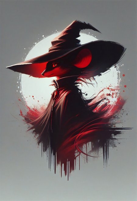 score_9, score_8_up, score_8, solo, (fluffy:0.8), (feral), (furry:0.5) (((mouse))), female, claws, (fluffy cheeks:0.7), (black dress), grey fur, black ears, red eyes, (solo), night, dark, (witch hat, holding magical staff), monochromemuse, monochrome, greyscale, mad-wsps, j_cartoon, look at viewer, side view, (art nouveau), upper body focus, (silhouette), glitch style, (red:3)