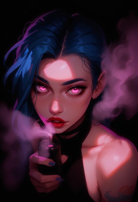 jinx, a woman with blue hair and a black top, 1girl, solo, long hair, bangs, parted lips, choker, shiny, gradient background, red lips, <lora:sdxl_arcane_pony_v1-2_mx:0.05>, <lora:sdxl_jinxPonyLora:0.2>,  <lora:sdxl_S1_Dramatic_Lighting_v2:0.5>, vaping, smoke, pink smoke, glowing pink eye, cloud, fog, cloudchaser, vape, holding device, from above, blowing smoke, <lora:sdxl_Cloudchaser_pony:0.1>, looking at viewer, looking at camera, open mouth, arm tatoo, <lora:sdxl_StS_age_slider_v1_initial_release:1>, glossy lips, seductive, glossy lips, succubus, (from above), small nose, <lora:sdxl_real_model2:0.5>, blue nails, gorgeous, supermodel, <lora:sdxl_ponyv4_noob1_2_adamW-000017:1>, <lora:sdxl_DarkerThanDarkV1:0.8>, underlight, black background, simple background, <lora:sdxl_Underlighting Underlight light from below style:0.5>, <lora:sdxl_longneck-v2.1:-1>, chiaroscuro, harsh light, film grain, blurry background, depth of field, score_9, score_8_up, score_7_up, score_6_up, score_5_up, score_4_up, <lora:sdxl_princess_xl_v2:0.2>, <lora:sdxl_incase_style_v2_ponyxl_ilff:0.4>,  <lora:sdxl_g0th1cPXL:0.3> , <lora:sdxl-Expressive_H-000001:.3>