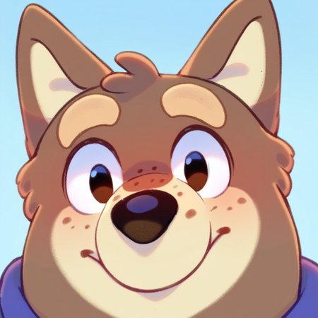 score_9, score_8_up, score_8, furry, Alfie, canine, brown/beige fur, freckles, cartoon style, 2d, furry male, solo, upper body focus, face close up, blue shirt, arms behind back, looking at viewer, smile, blush, blue background
