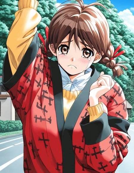 score_9, score_8_up, score_7_up, source_anime, rating_explicit, BREAK <lora:Nagashima_Kumiko_XL:1>Nagashima_Kumiko, brown hair, brown eyes, hair ribbon, red ribbon, twin braids, bangs, short twintails,
1girl, solo, tears, crying, day, outdoors, sweater, long sleeves, looking at viewer, yellow sweater, crying with eyes open, blush, building, upper body, sky, house, haori, outstretched arm, blue sky, arm up, tree, frown, road, antenna hair