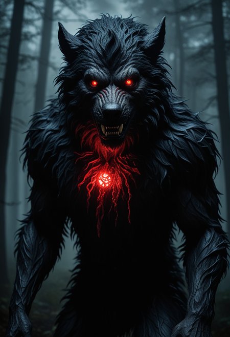 (medium full shot) of (terrifying werewolf), jet black fur, glowing red eyes, wearing shredded shirt,  enchanted talisman,  set in  a dark clearing with dense fog, faint whispers, the feeling of being watched , at midnight, Masterpiece,best quality, photo, realistic, very aesthetic, detailed face,