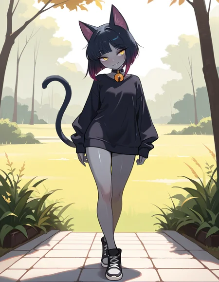 masterpiece, best quality, very aesthetic, absurdres,
outdoors, casual, 
full body, standing, posing,
seductive smile, parted lips, long eyelashes,
<lora:Agnes_v01_NAIXL:1>
4gn3s,1girl,solo,cat girl,cat ears,multicolored hair,bangs,bob cut,yellow eyes,neck bell,grey skin,cat tail,