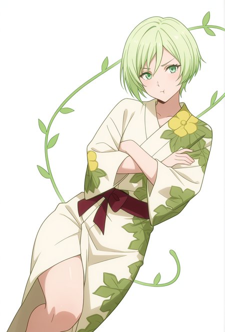 Smooth Quality,masterpiece,very intricate, high quality details, ultra realistic, high detailed skin,detailed enviorement,absurdres,
simple background, white background,solo,
dynamic angle,pout,dynamic pose, arms crossed, one leg bent, confident stance, slight head tilt, relaxed hands,  ,
 <lora:Trya_CNR:0.7> trya_cnr, 1girl,green hair, short hair, green eyes, androgynous, japanese clothes, kimono, yukata, white kimono, sash,vines,