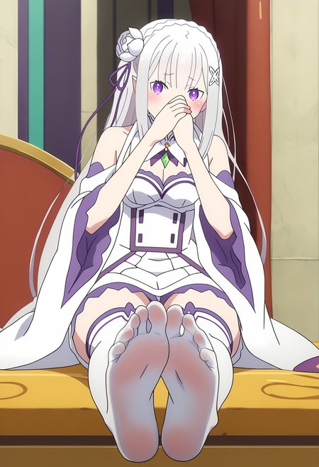score_9, score_8_up, score_7_up, source_anime,
BREAK
<lora:shismellyfeetV1:1>, 
shistinkyhose, feet, foot focus, no shoes, smell, soles, toes, legs, white thighhighs, 
1girl, solo, anime screencap, anime coloring, 
<lora:shiEmiliaV2:1> shimilia, long hair, grey hair, purple eyes, pointy ears, crown braid, hair flower, hair ribbon, purple ribbon, x hair ornament, white dress, cleavage, bare shoulders, wide sleeves,
blush, covering nose, looking at viewer,