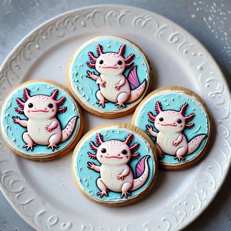 <lora:lora:1>cookie art design,  <lora:Axomodelv2.1:1> simple round cartoon  cookie art,  delicious cute axolotl  cookies  with icing, flat cookies, cookies with cute design  <lora:add-detail-xl:1>,