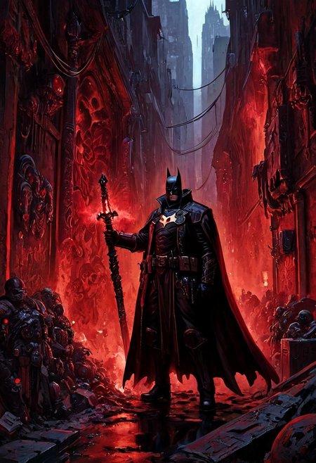 1man, solo,  he is a mix of  nqstrman and batman  in a black and red outfit holding a sword stands in the shadowy underbelly of a hive city, his long coat billowing as he examines xenos artifacts hidden in a dimly lit alley. The grimy walls are covered in graffiti venerating forbidden gods, and his gaze is stern, his hand resting on the hilt of a power sword, ready to dispense the Emperor's justice, apxlz