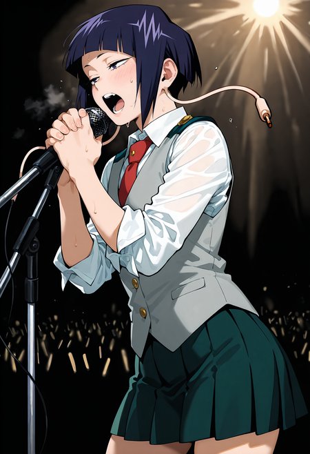 <lora:add-detail-xl:1>,masterpiece,best quality,absurdres,highres,detailed eyes,beautiful,detailed background,perfect eyes,realistic,
1girl,jirou kyouka,solo,short hair,microphone stand,microphone,skirt,open mouth,school uniform,necktie,music,blush,u.a. school uniform,singing,shirt,sweatdrop,sleeves rolled up,pleated skirt,own hands together,bangs,collared shirt,holding,teeth,buttons,blunt bangs,long earlobes,long sleeves,sweat,half-closed eyes,vest,cowboy shot,
<lora:jiro_kyoka:1>,jiro_kyoka,