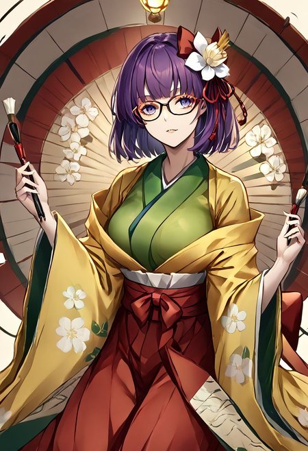 1girl, akyuu, hieda_no_akyuu, bespectacled, glasses, hair_flower, green_kimono, long_sleeves, wide_sleeves, white_flower, red_skirt, yellow_kimono, floral_print, 
masterpiece, best quality, very aesthetic, absurdres,