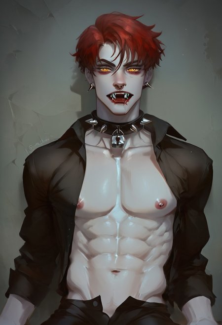 safe_pos, zPDXL2, score_9, score_8_up, score_7_up, 1boy, tnmn_yog, male focus, solo, red brown hair, yellow eyes, grayish white skin, fangs, nose ring, spiked earings, spiked black choker, gray lock, black manicure, black shirt, open shirt, slim, pectorals, abs, nipples, navel,  sitting on arm chair, beckoning, gothic style, dark theme, low light, blood on fangs, vampirism, look at viewer