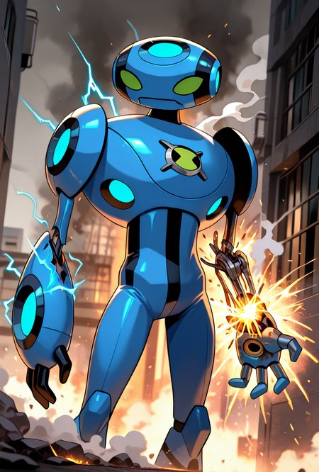 <lora:ulteco-10:1> ulteco, pokemon (creature),blue robot, green eyes, closed mouth, dark scene, missing left arm, damaged robot,  <lora:damagedrobot_v27-noobxl_eps-08:1> missing arms, , broken arms electricity, sparks, smoke, alleyway background, ray tracing,, masterpiece, best quality, amazing quality, very aesthetic, absurdres, newest,