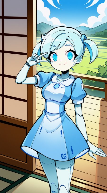 masterpiece, best quality, amazing quality, aesthetic,  absurdres, best quality, 4k, upscale, indoors, tatami, sky, landscape, dynamic pose, Robo-Alice, , robot, humanoid robot,  1girl, colored skin, v, solo, android, joints, smile, robot joints, twintails, short twintails, dress, blue eyes, ringed eyes, looking at viewer, blue hair, standing, breasts, closed mouth, blue dress,   <lora:Robo-Alice_IL:0.8>