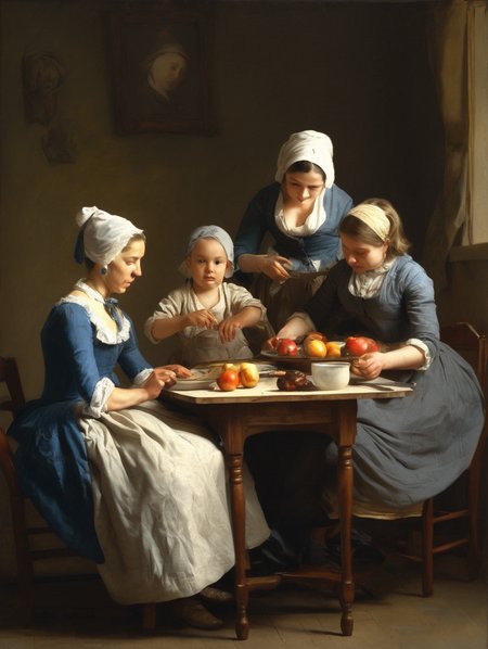 <lora:Jean-Baptiste-Simeon Chardin Style:1>Jean-Baptiste-Simeon Chardin Style - Five people were eating at the table. The woman on the right side of the table was facing the table, and turned her head to look behind her at the child, who was also staring at her on a lower stool. On the left side of the table were two women, a child, one woman standing, the other sitting with a baby in her arms,photography, masterpiece, best quality, 8K, HDR, highres, absurdres:1.2, Kodak portra 400, film grain, blurry background, bokeh:1.2, lens flare, (vibrant color:1.2), masterpiece, best quality,