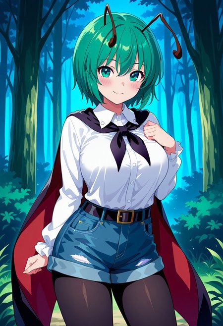 fusu style, ((forest)), ((night time)), blush, ((looking at viewer)), ((standing)), ((posing)), (1girl), ((solo)), ((large breasts)), ((wriggle nightbug)), smile, green hair, short hair, hair between eyes, green eyes, antennae, shirt, white shirt, cape, black cape, long sleeves, collared shirt, red cape, two-sided cape, antennae, denim shorts, black belt, two-sided fabric, ((black pantyhose))
