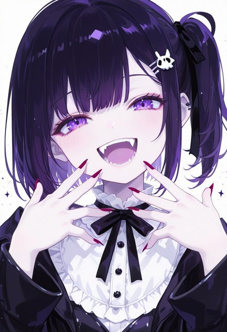 masterpiece, fantasy style, ultra detailed, vivid colors, cinematic lighting, 
BREAK
1girl, solo, anime style, half body, facing viewer, mischievous smile, sharp fangs, purple eyes, purple hair, side ponytail, bangs, hairclip, black ribbon, gothic outfit, white blouse, black coat, cute hands near mouth, laughing, pale skin, detailed eyes, soft shading, clean white background, digital art, high quality, masterpiece, best quality
BREAK
NEGATIVE_HANDS, perfecteyes, Forl