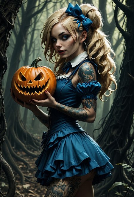 hyperdetailed photorealistic, 1girl,  (sexy:1.5),  (slutty:1.5), seductive, smile, white teeth, pointy teeth, parted lips, an evil Alice from Disney's Alice in Wonderland, (mad smile), a large carved and (glowing Halloween pumpkin) in her hands, blue eyes, large eyelashes, blue mascara and eyeshadow, skimpy frill blue dress, pale skin, pumpkin tattoos in her right breast, blonde hair, freckles, long twin tails tied with large light blue ribbons, side view, disheveled hair, messy hair, petite, natural small hanging breasts, expressive, teasing smile, narrow waist,one bare shoulder, cleavage, among a giant mushroom evil forest, intricate and detailed background