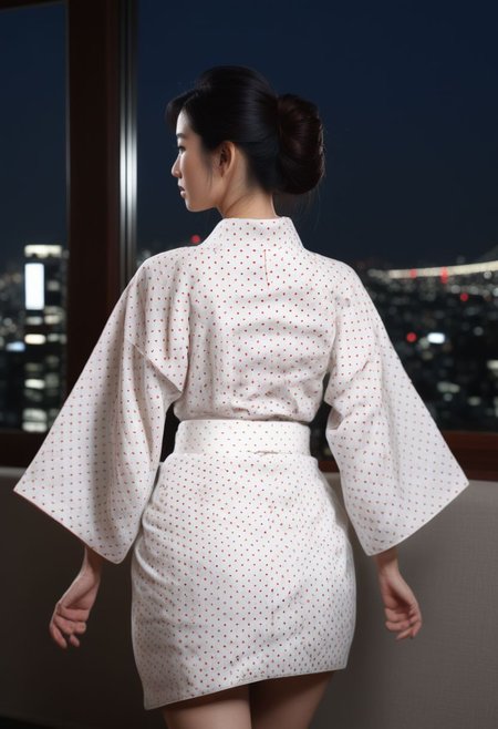 FOTOREALISTIC, night, long_straight black hair, sexy_beautiful japaneese_lady, tall, white_japaneese_kimono_with_big_round_red_dots, apartment, background window_tokio at night,  score_9, score_8_up, score_7_up, score_6_up, score_5_up, score_4_up, UHD, 8K, masterpiece, ultra-realistic, Ultra detailed photorealistic background, photoreal, realistic high detailed beautiful face, anatomic correct bodies, ultra_high_resolution, Extremely Realistic, lots of detail, emty_hands, hands_hidden, sexy_red_boots.