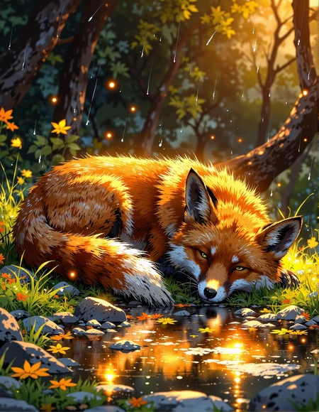 serene anime-style digital painting bathed in golden light. Picture a sleeping fox with orange and white fur curled up in a grassy area during a gentle rain.  The fox is positioned close to the ground, with its head resting on its paws. Raindrops are falling and creating ripples in a puddle of water in the foreground, which reflects the bright golden light from above. The background is blurred and suggests a natural outdoor setting. The overall mood is peaceful and cozy despite the rain, emphasized by the warm lighting and the fox's relaxed posture, <lora:Cozy_Paradise:0.8>, <lora:Vibrantly_sharp_style_v.2:0.8>, <lora:anhei_first_flux_lora_v1:0.4>, <lora:FluxMythP0rtr4itStyle:0.6>