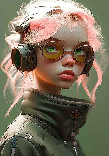 core_9, score_8_up, score_7_up, score_6_up, Anime-style digital illustration of a young character wearing tactical gear, with oversized vintage pilot goggles and a light green baseball cap. Her hair is a messy mix of silvery-white and soft pink, flowing wildly around her face. She has intense, large eyes with a determined expression, wearing a military-inspired outfit with multiple accessories including a choker and arm bands. The art style is hyper-detailed digital painting with a cyberpunk/post-apocalyptic aesthetic, featuring soft lighting and intricate textures. Color palette combines muted greens and grays with pastel pink accents, creating a unique and striking visual composition.


