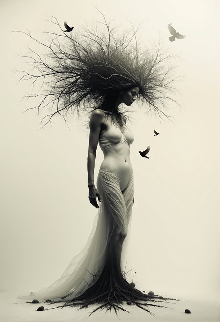 A surreal and haunting artwork that combines the human form with elements of nature. A lone figure, wrapped in translucent, flowing cloth, stands mid-pose in a minimalist setting. From the head and upper body, a large, intricate tree grows, its bare branches spreading wide, blending seamlessly with the figure's silhouette. The treeâs roots seem intertwined with the body, symbolizing a deep connection to nature. Dark birds fly around the treeâs branches, adding a sense of movement and mystery. The monochromatic color palette and soft, diffused lighting create a tranquil yet eerie atmosphere, while the figure appears to be suspended in space, grounded by only a faint shadow. <lora:- Flux1 - vanta_black_V1.0.safetensors:0.75>,  <lora:Surrealist_CFH-000013.safetensors:1.0>, <lora:Ethereal Grace - s1 g4.safetensors:0.5>,