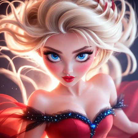 3D Fairytales, The image shows a woman with blonde hair and blue eyes wearing a red dress set against a dark background. Her face is animated giving the image a dynamic feel., 1girl, solo, blue eyes, eyelashes, makeup, looking at viewer, freckles, glowing, lips, blonde hair  <lora:3D_FairytalesSDXL:1>